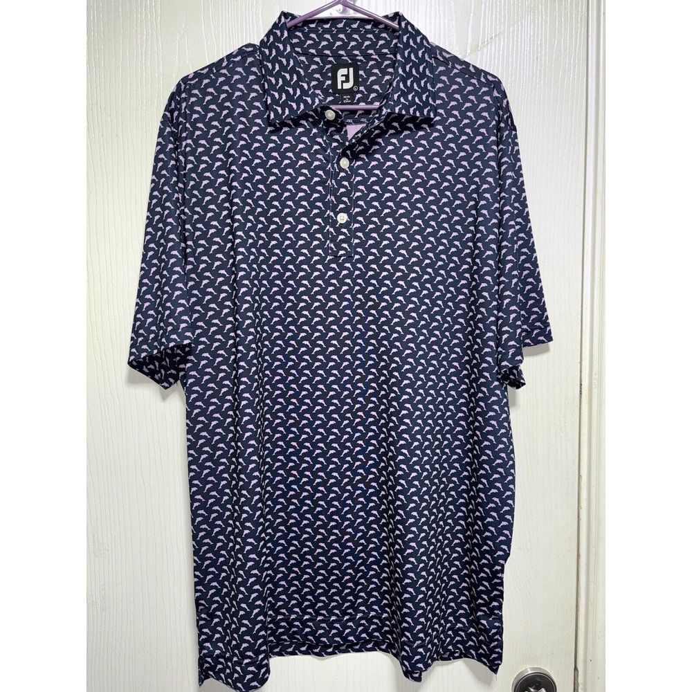 FootJoy Lisle Leaping Dolphins AOP Print Golf Polo Shirt Blue Pink Men's Large‎